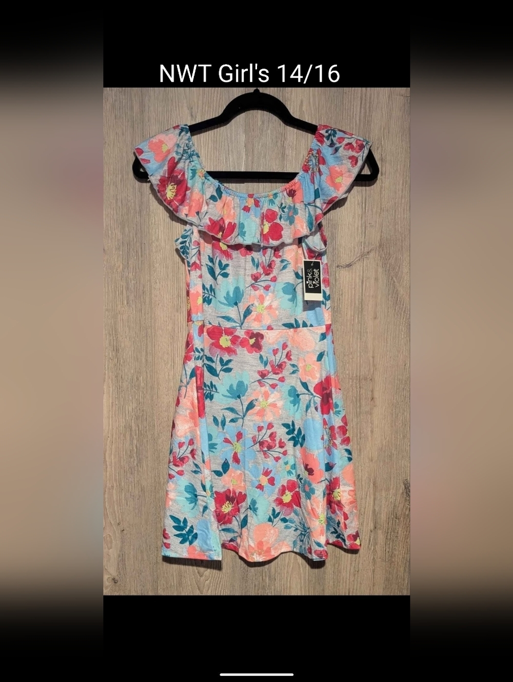 Girls' Floral Ruffle Neck Casual Dress in Light Blue